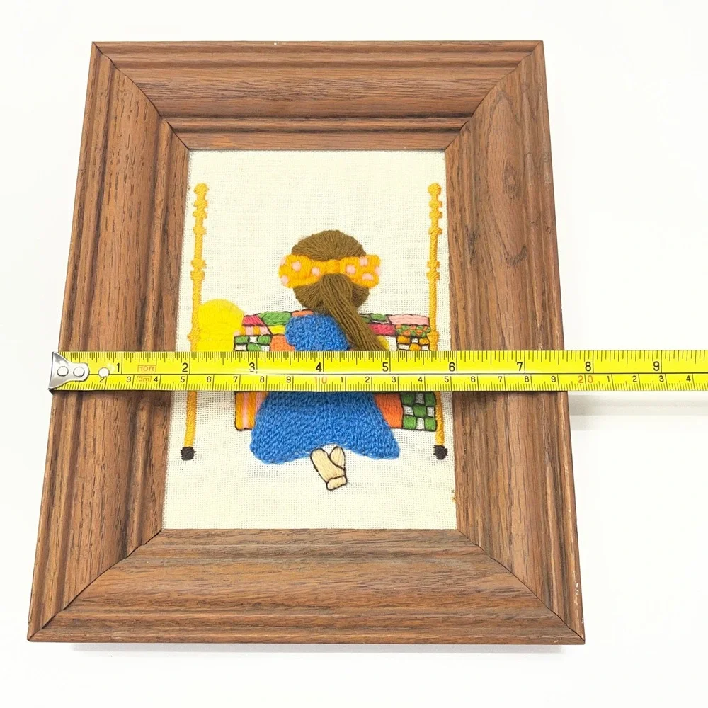 VTG 70s Hand Embroidered Crewel Needlepoint Praying Girl Wood Frame Nursery Art
